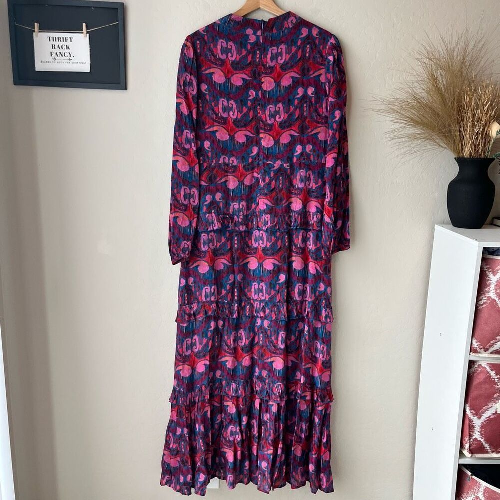Oliphant Kazak Mock Neck Multicolor Print Tiered Long Sleeve Maxi Dress Size M - Picture 8 of 11